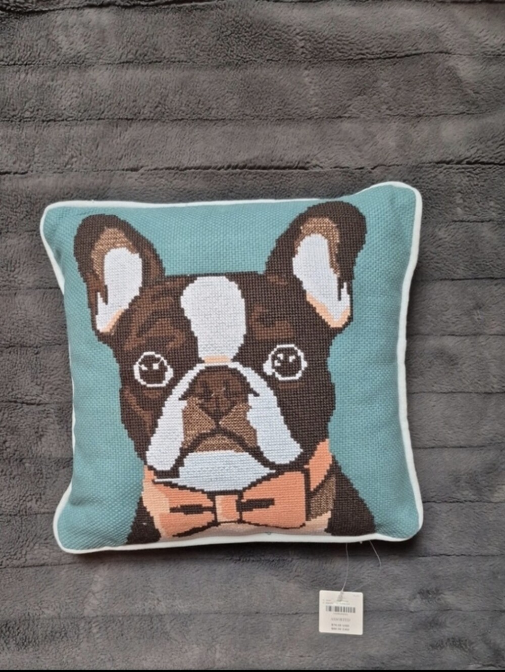 Anthropologie Arden Cotton Frenchie Dog Needlepoint Pillow, New With Tags! - Picture 14 of 15